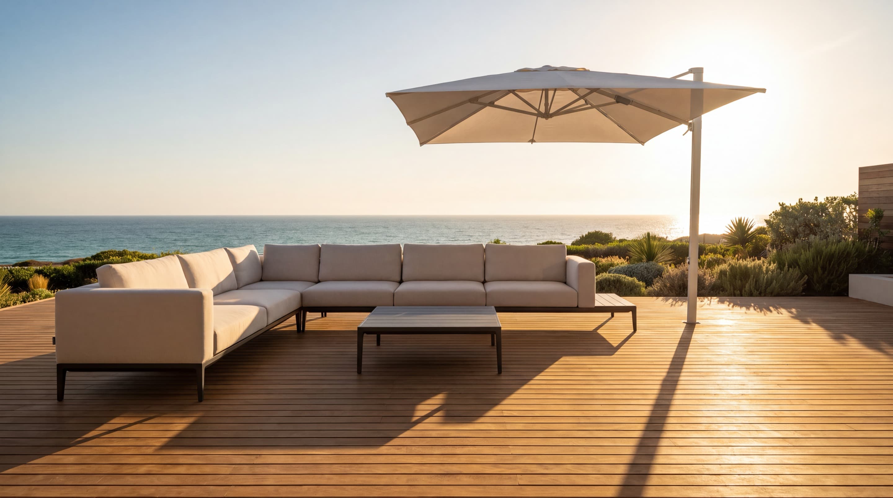 Área externa de alto padrão ao fim da tarde, com sofá modular, mesa baixa em alumínio e ombrelone lateral sobre deck de madeira, e o mar ao fundo, imagem de referência.